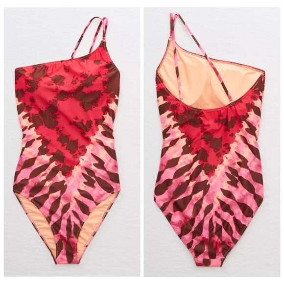 Aerie Pink Tie Dye One Shoulder Full Coverage One Piece Swimsuit Sz.L Long NWT - Picture 3 of 16